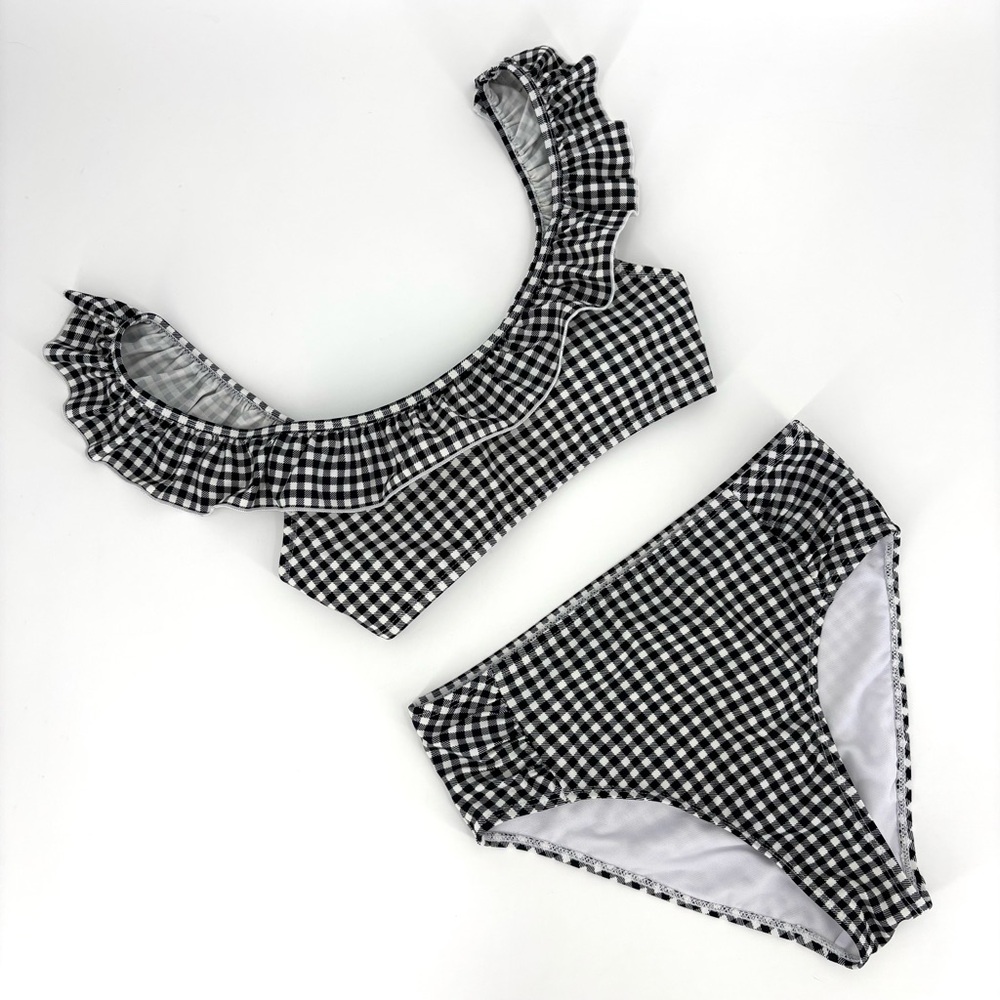 Cabana del Sol Black and White Houndstooth High Waisted Ruffle Bikini, Small